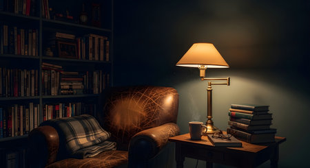 Lamp and bookshelf in the dark room. 3d renderingの素材