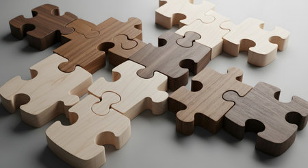 3d rendering of a group of wooden puzzle pieces on white backgroundの素材