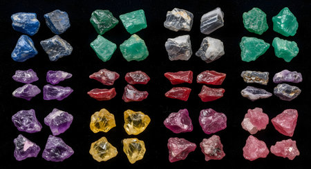 Variety of gems on a black background. Collection of different stones.の素材