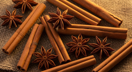 Cinnamon sticks and star anise on burlap background. Selective focus.の素材