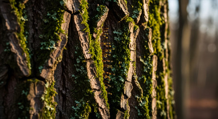Close up of a caterpillar on a tree trunk with moss.の素材