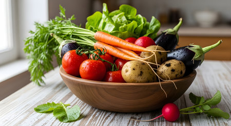 Fresh vegetables in a wooden bowl on the kitchen table, selective focusの素材