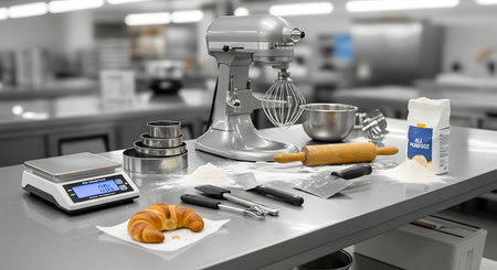 Baking equipment on a table. 3d illustration. Blurred background.の素材