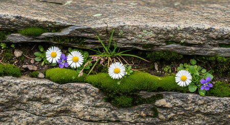 Small daisies growing on the stone wall with green moss.の素材