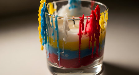 Colorful candles in a glass on a white background. Selective focus.の素材