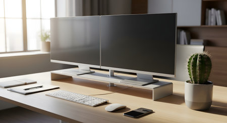 Office workplace with computer and devices on wooden table. Mock up, 3D Renderingの素材
