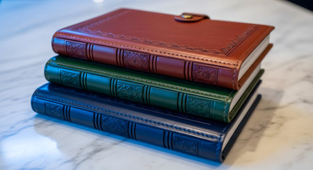 Stack of books on white marble table, shallow depth of field.の素材