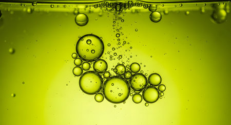 close up of soda bubbles in water with green background and copy spaceの素材