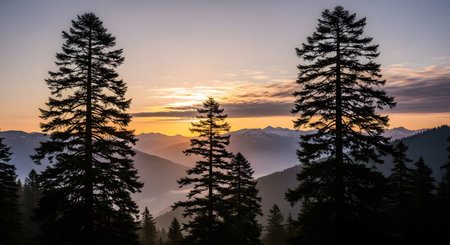 Sunset in the mountains with coniferous trees in the foregroundの素材