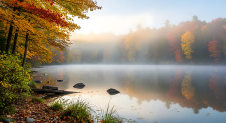 Autumn landscape with foggy lake and colorful forest in the morningの素材