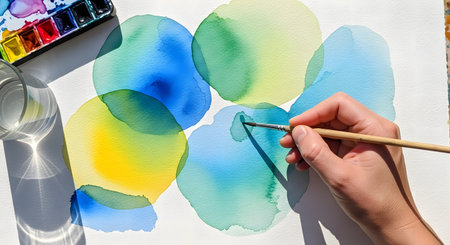 Painting with watercolor paints and brushes on a white sheet of paperの素材