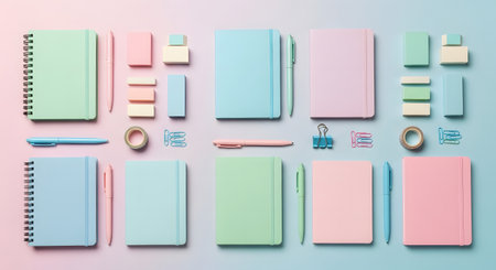 Top view of colorful stationery on blue background. Flat lay.の素材
