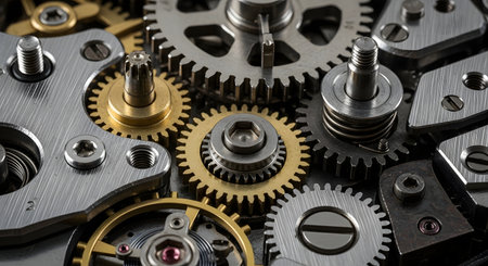 Close-up of metal gears and cogwheels of a clockworkの素材