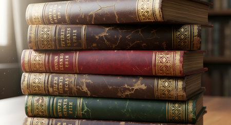 Stack of old books on a shelf in the library, close upの素材