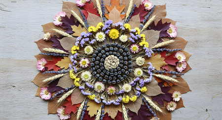 Bouquet of autumn leaves and flowers on a wooden background.の素材