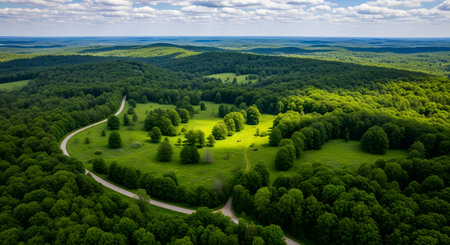 Aerial view of green forest and road in the middle of natureの素材