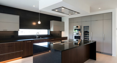 interior of new luxury house, kitchen with black and wooden wallsの素材