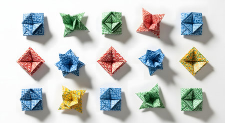 Colorful origami stars on a white background, top view.の素材