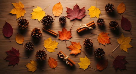 Autumn leaves, cinnamon sticks and pine cones on a wooden backgroundの素材