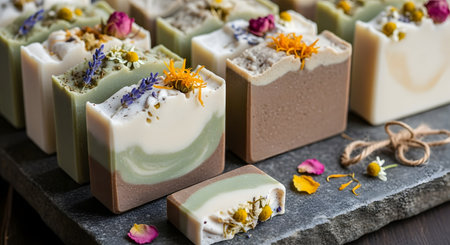 Handmade soap bars with dried flowers and herbs, selective focus.の素材