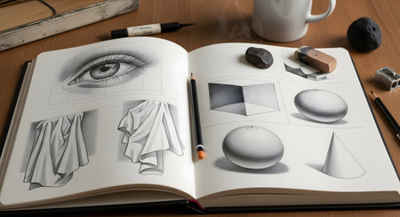 Pencils on a notebook with a sketch of an eye.の素材