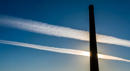 Industrial chimney with smoke in the blue sky, close upの素材