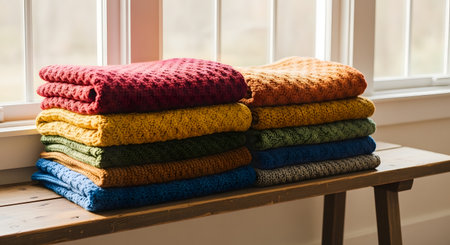 Stack of warm knitted sweaters on a wooden shelf near the windowの素材