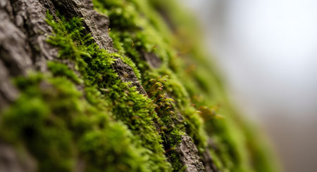Green moss on a tree bark in the forest. Shallow depth of fieldの素材