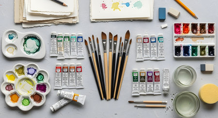 top view of watercolor paints and brushes on grey surface with copy spaceの素材