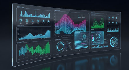 Digital composite of Futuristic interface with glowing charts and graphs in blueの素材