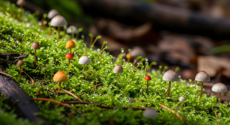 Mushrooms growing on moss in the forest. Selective focus.の素材