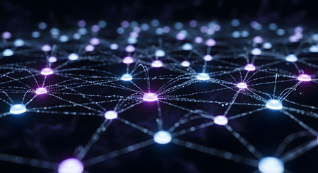 3d rendering. Network connection structure with glowing dots and lines on dark backgroundの素材