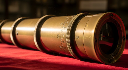 Vintage camera lens on a red background. Close-up.の素材