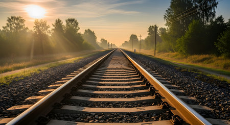 Railway tracks in a foggy morning at sunrise or sunset.の素材