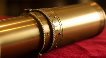 Vintage camera lens on red velvet background. Close-up.の素材