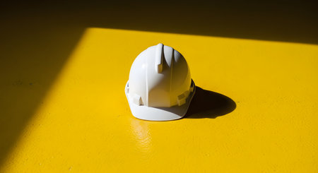White safety helmet on yellow background. Safety helmet for construction workers.の素材