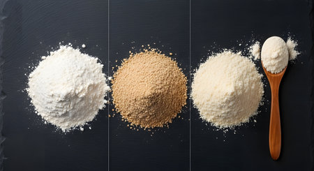 Flour in a wooden spoon on a black background. View from above.の素材