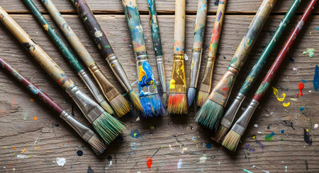 Paint brushes and colorful confetti on old wooden background. Top viewの素材