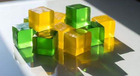 Green and yellow cubes of glass on a white background, close-upの素材