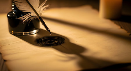 Feather pen and inkwell on a wooden table in a dark roomの素材