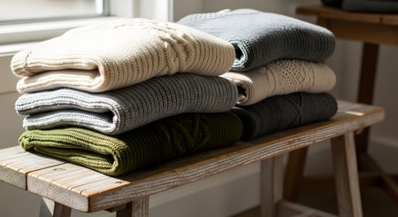 Stack of warm knitted sweaters on wooden shelf in room, closeupの素材