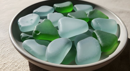 Green and blue heart-shaped jelly candies in a bowl.の素材