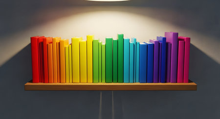 Colorful books on a shelf in a room with a wall lampの素材
