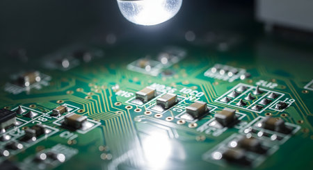 Close-up of electronic circuit board with LED lights. Technology backgroundの素材
