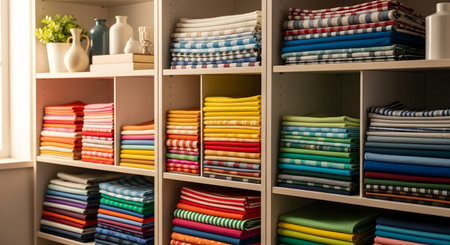 Shelves with different fabric samples in modern dressing room, closeupの素材