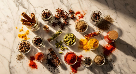 Spices and herbs in glass jarsle background, top viewの素材
