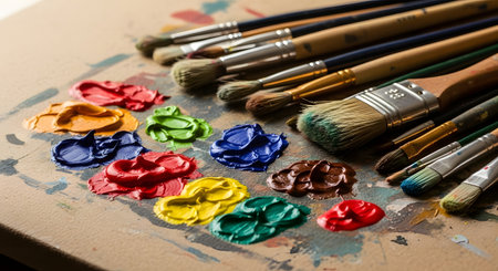 Paint brushes and paints on the artist's palette close-upの素材