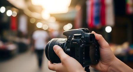 Female photographer hands holding professional camera on blurred background. Focus on cameraの素材