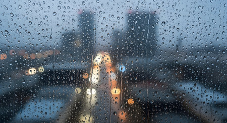 Rain drops on the window with cityscape in the background at nightの素材