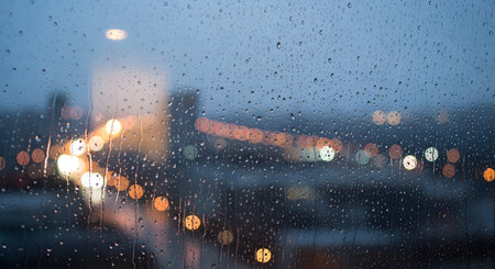 Raindrops on the window. Blurred city lights background. Selective focus.の素材